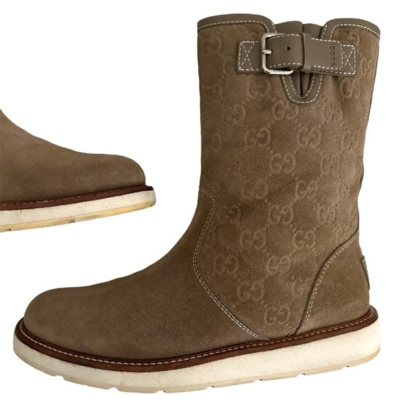 Gucci Beige Guccissima Taupe Suede Quercy Flat Buckle Boots Size 36.5 | US 6.5 - Picture 7 of 16